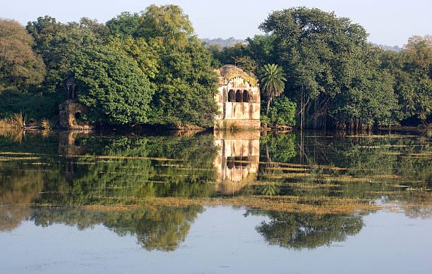 Lakeside pavilion reflected in a lake
