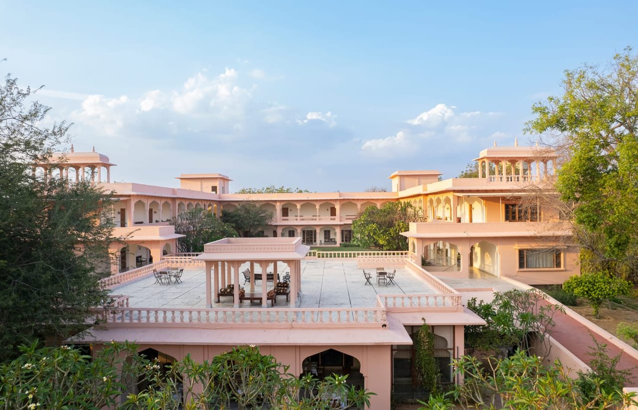 Courtyard and facade of Hotel Dev Vilas