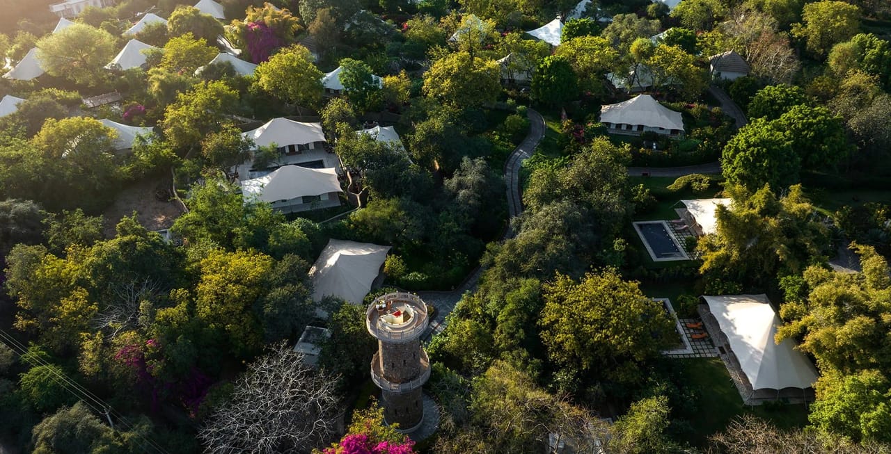 Aerial view of the tented camp at The Oberoi Vanyavilas