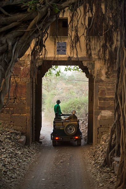 Open safari jeep passing through a stone gateway arch